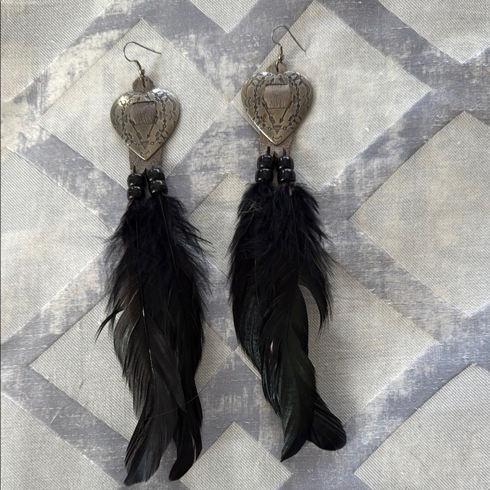 Chic Silver and Black Feather Heart Earrings